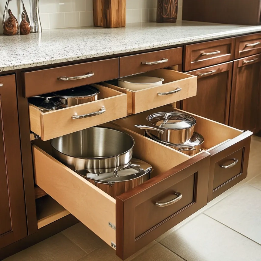 Pull-out drawers in base cabinets designed for efficient storage, blending functionality with unique kitchen cabinet ideas.