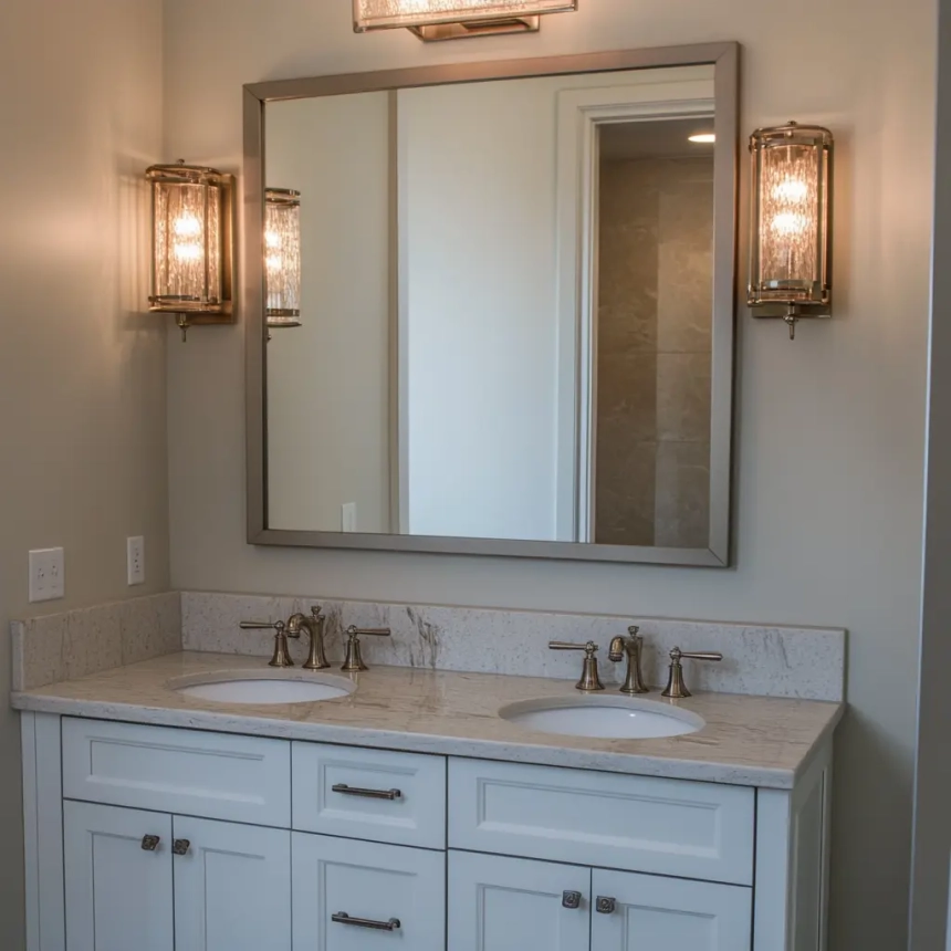Wall-mounted lighting fixtures illuminating a small master bathroom with elegant finishes.