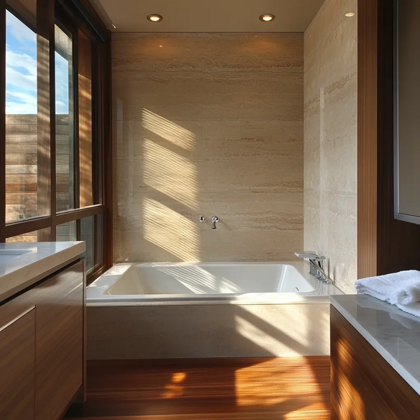Heated floors in a small master bathroom for added comfort and luxury.