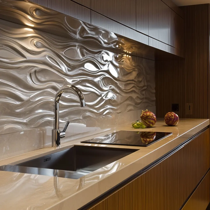 Modern kitchen with 3D textured backsplash tile, creating a unique focal point that adds dimension and style to the overall design.