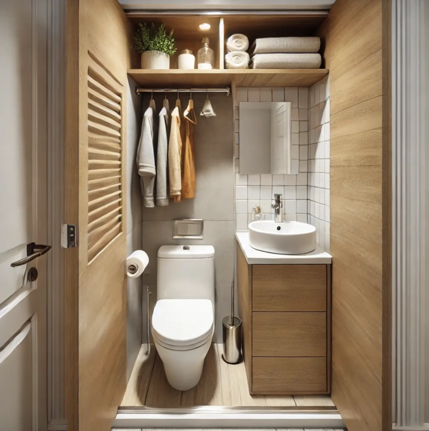 A small bathroom where a closet has been converted into a compact bathroom space, featuring a small sink, toilet, and modern fixtures. Perfect for small bathroom remodel ideas.