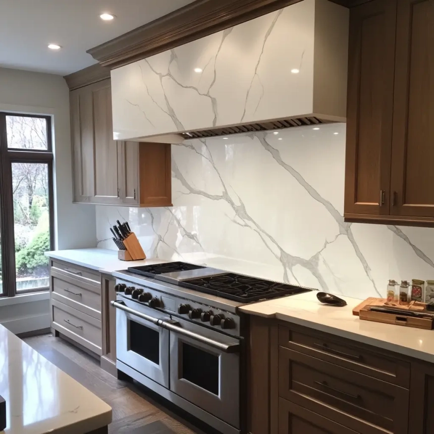 Classic kitchen setup with rich wood cabinetry and a white quartz backsplash showcasing bold veining, complemented by a professional-grade stainless steel stove.