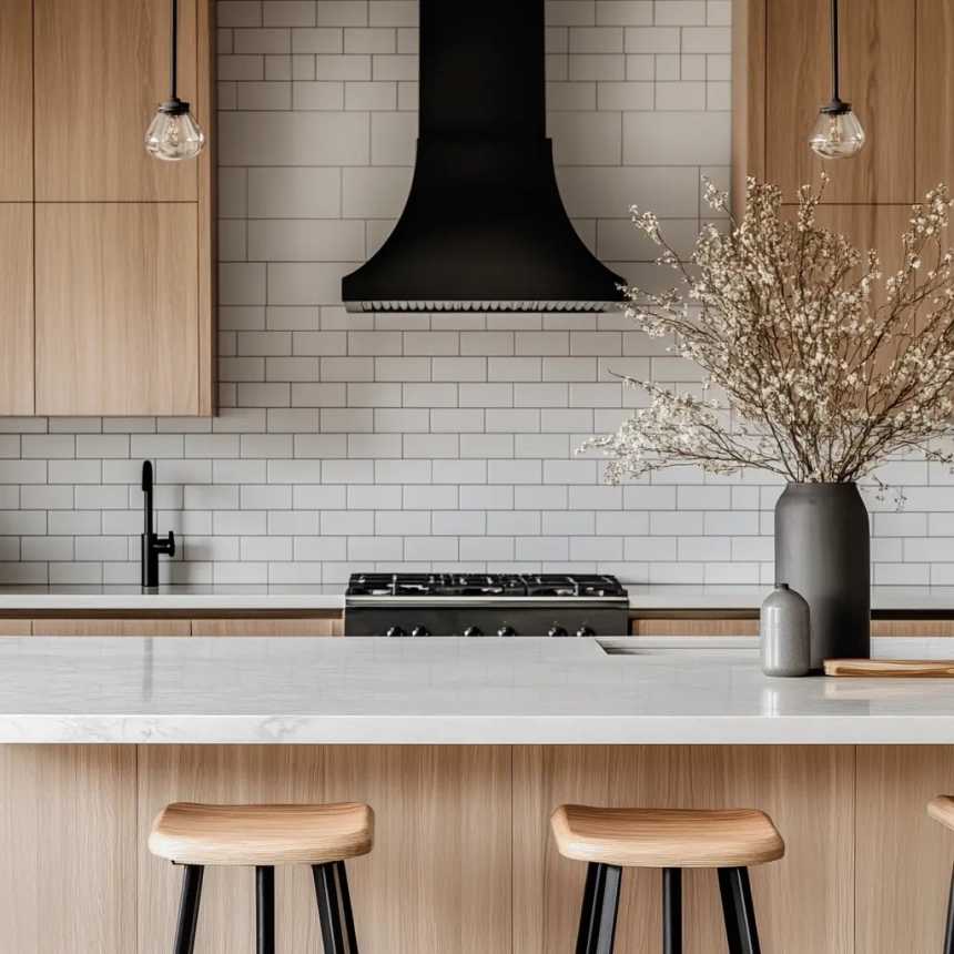 Modern kitchen with wooden cabinets and classic white ceramic subway tiles as a clean, timeless kitchen backsplash tile design.