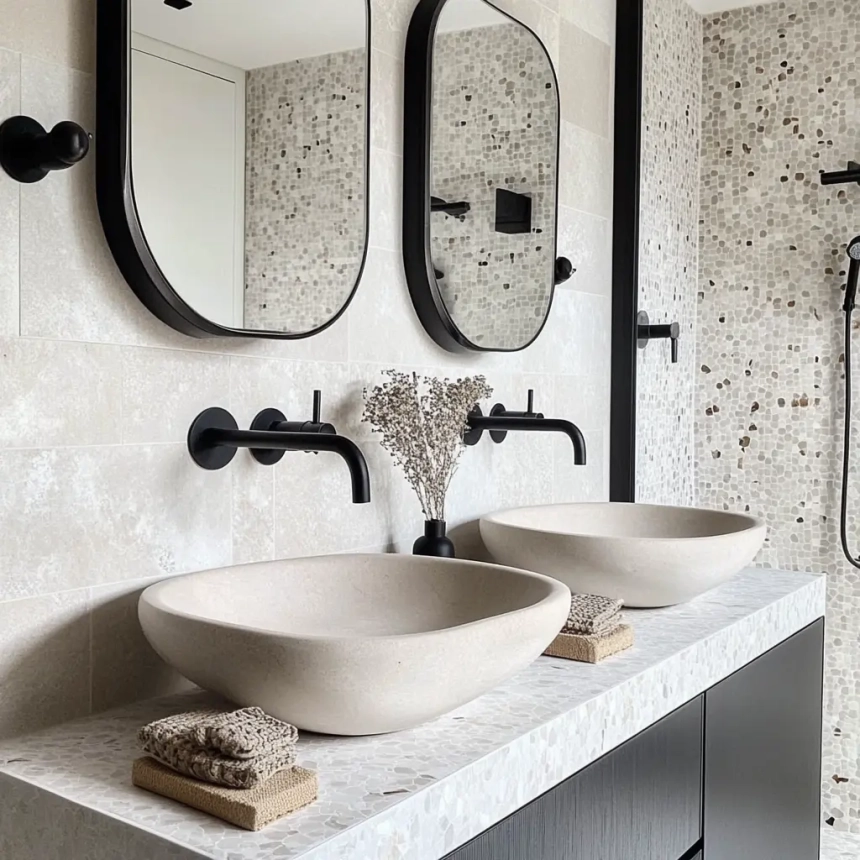 A small master bathroom featuring wall-mounted black faucets, dual vessel sinks, and large mirrors. The design includes neutral tiles with a modern and minimalist aesthetic.