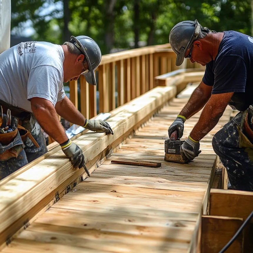 xpert deck repair Naperville IL services in progress, with skilled contractors reinforcing deck boards, railings, and structural elements to restore safety and durability.