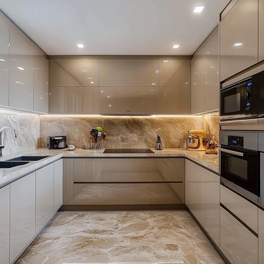 Neutral beige modern kitchen cabinetry with marble countertops, blending a contemporary look with timeless interior design elements.