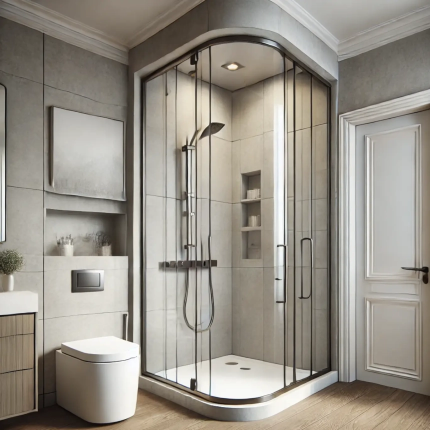 A small master bathroom featuring a compact shower stall with glass doors and modern fixtures, ideal for a space-saving bathroom remodel in neutral grey and white tones.