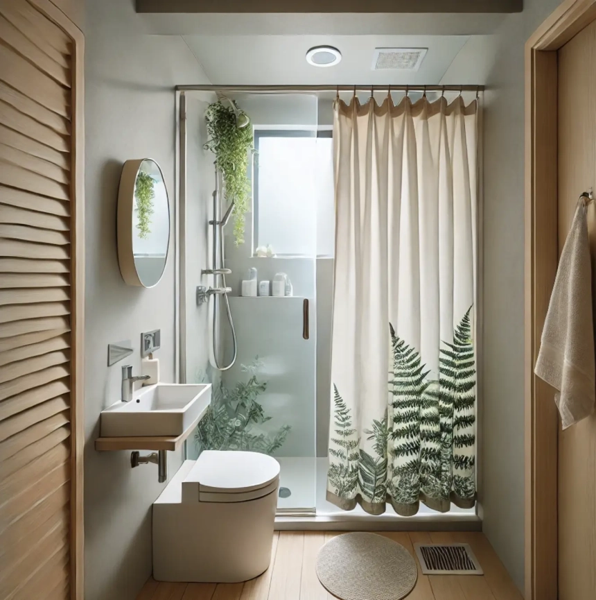 A small bathroom featuring a shower curtain instead of glass doors, designed to save space and create a more open feel, adding flexibility while maintaining functionality. Ideal for small bathroom ideas.