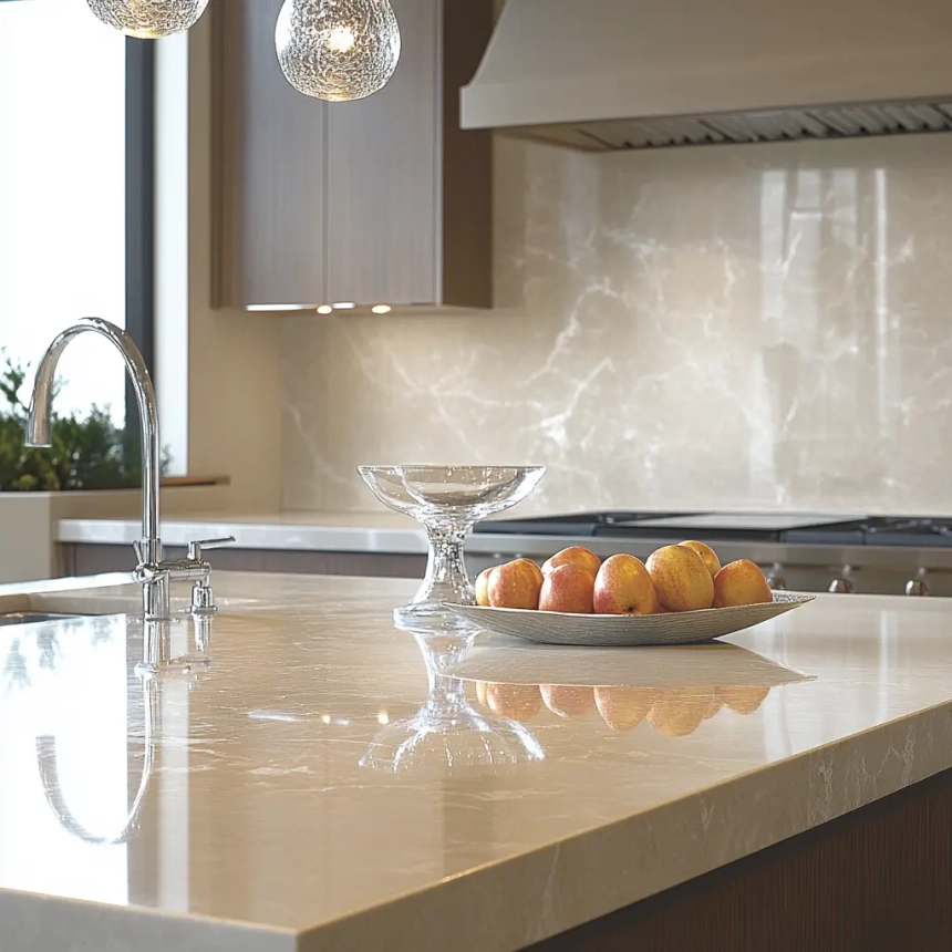 A luxurious kitchen featuring a cream-colored quartz countertop and matching full-height backsplash with delicate veining. An elegant bowl of apples sits on the counter, illuminated by pendant lighting.