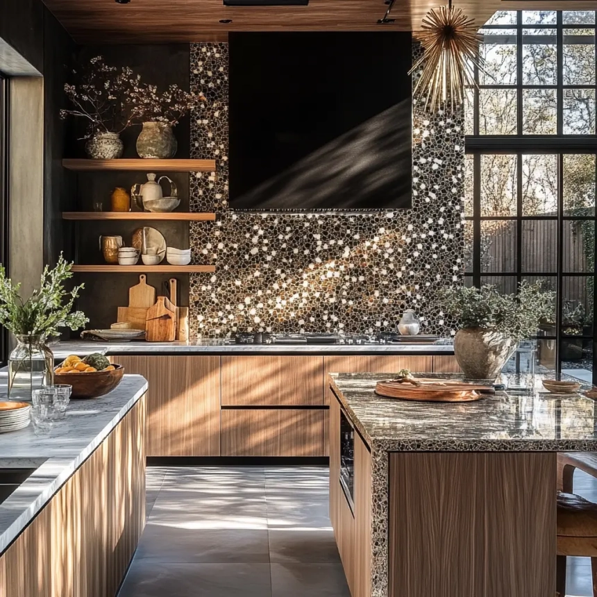 Black and white mosaic backsplash tile design for a modern kitchen, featuring small, intricate tile patterns that create a unique focal point.