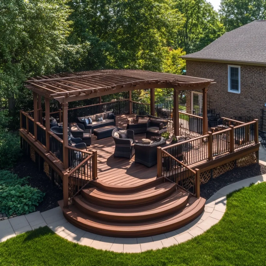 A beautiful outdoor deck in Naperville IL, featuring rich wood tones, sturdy railings, and a spacious layout designed for relaxation and entertainment.