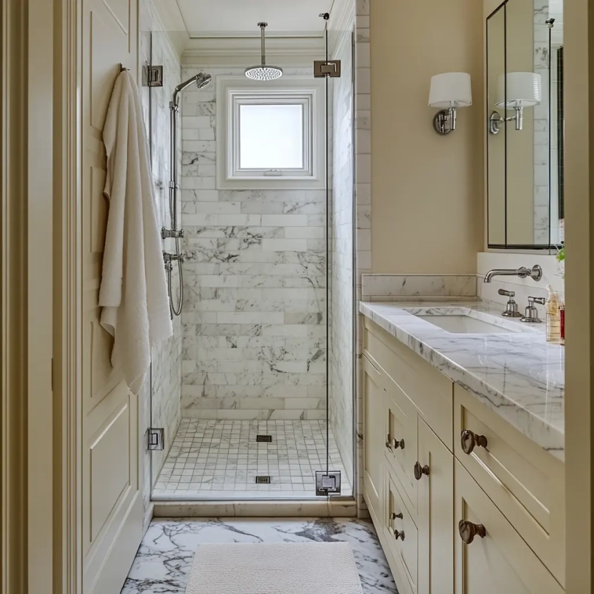 This bathroom features an open walk-in shower with frameless glass, maximizing space and creating a luxurious, airy feel in a narrow layout.