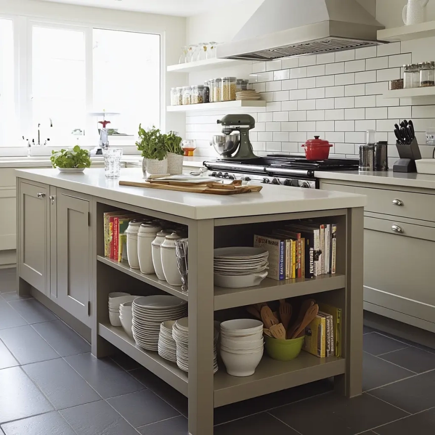Efficient small kitchen design with a multi-functional island for added storage and workspace.