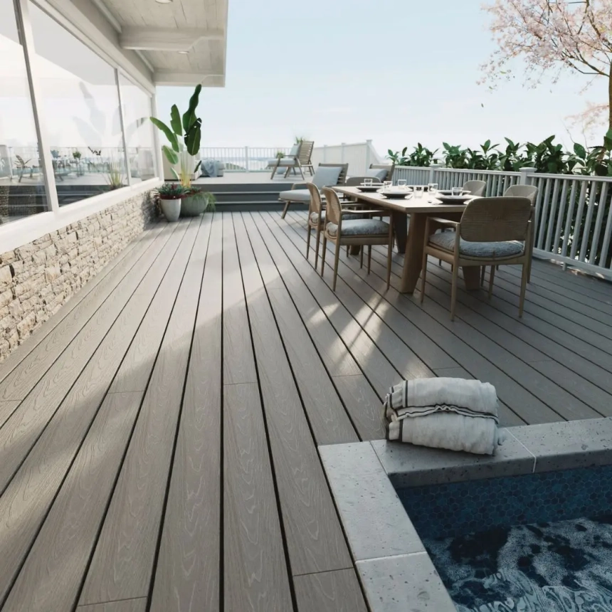 Classic composite deck with wood-grain texture and wooden chairs, perfect for low-maintenance outdoor living.