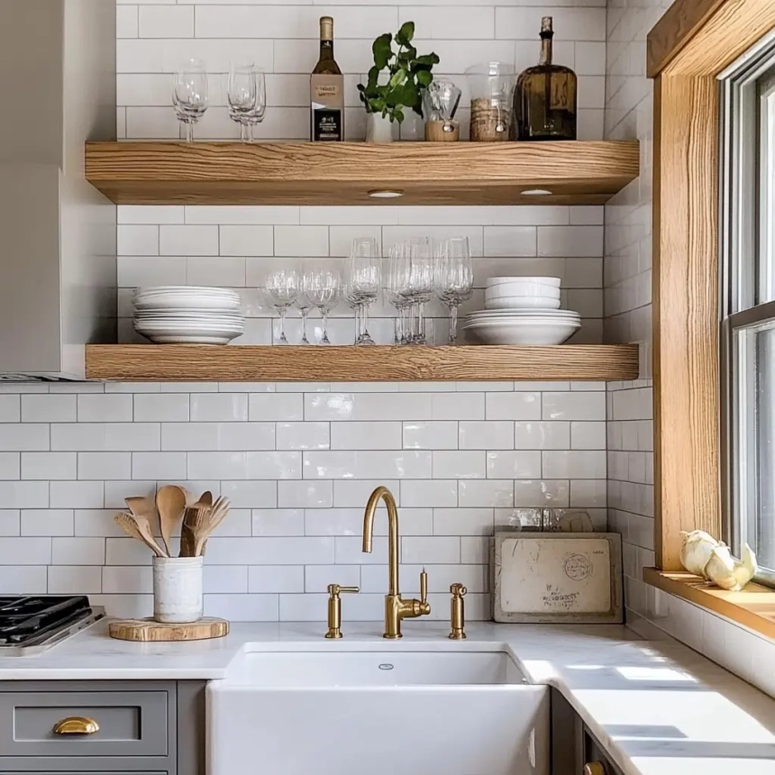 Floating wooden shelves above the sink in a bright kitchen, featuring minimalist design and practical storage solutions.