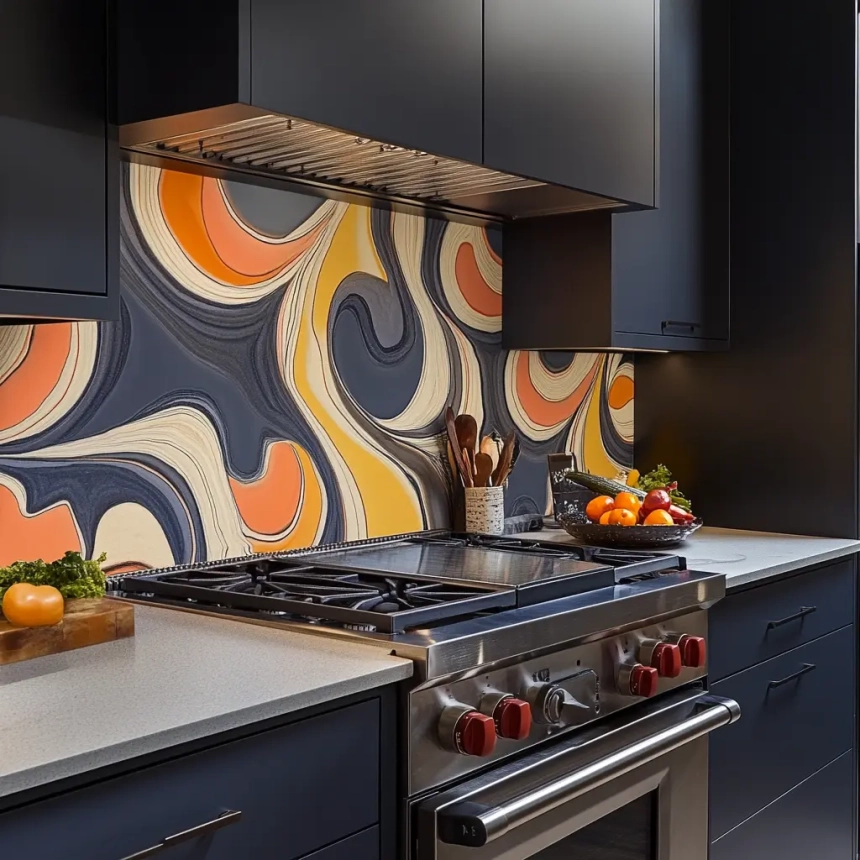 Vibrant and artistic kitchen backsplash tile with a striking design, perfect for adding a bold accent to modern kitchens.