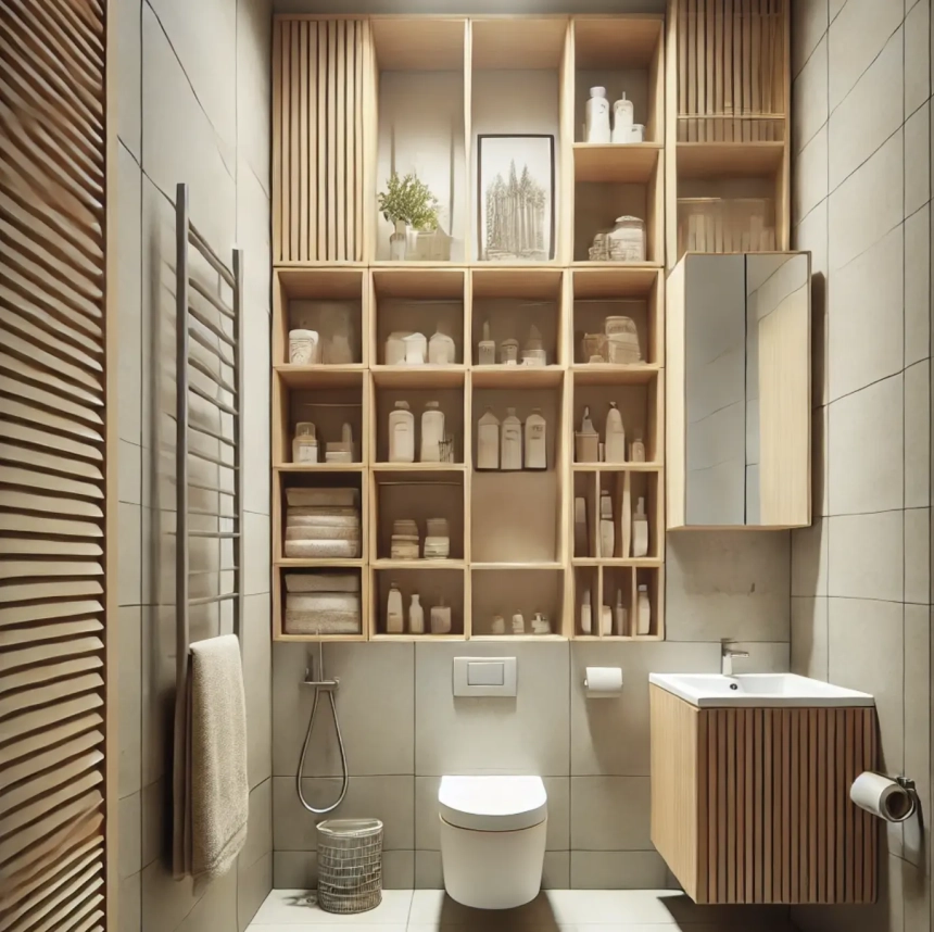 A small bathroom with vertical storage, including tall shelving units and wall-mounted cabinets, designed to maximize space and keep the bathroom organized.
