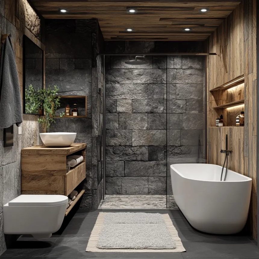 Natural materials like stone and wood enhance the warmth of this small master bathroom.