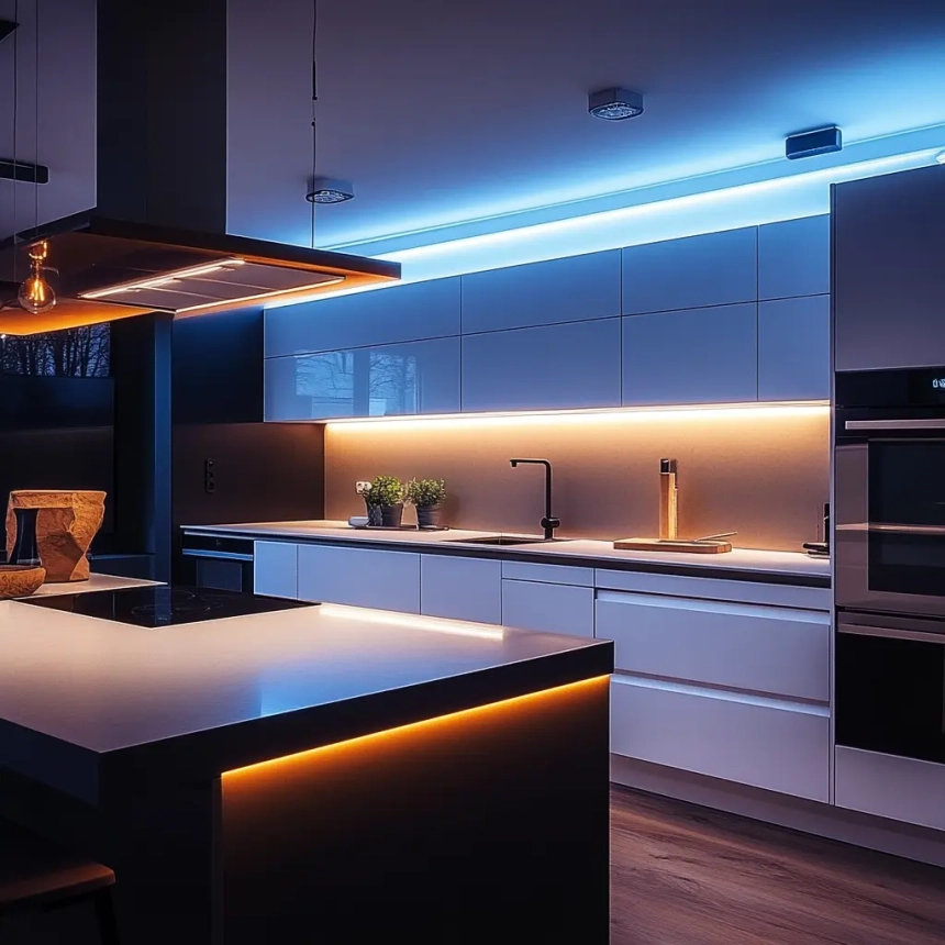 nnovative modern island lighting featuring smart lights for a customizable and vibrant kitchen atmosphere.