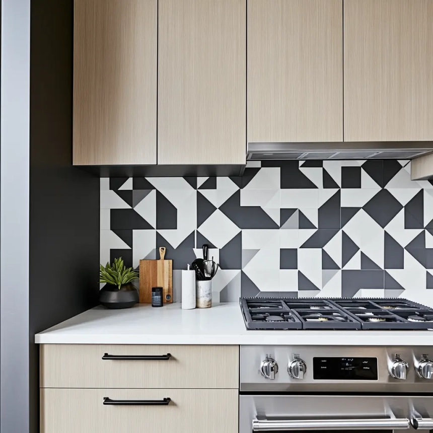 Contemporary kitchen design featuring a white quartz countertop with a bold black and white geometric tile backsplash. Adds a modern touch to backsplash ideas for quartz countertops.