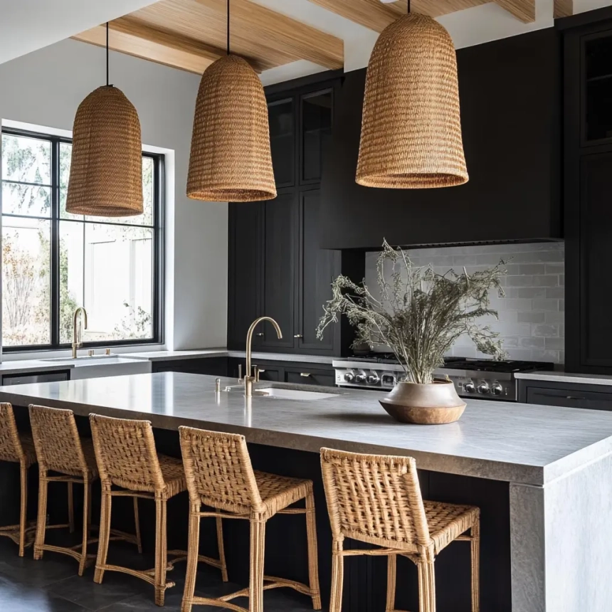 Woven modern kitchen island lamps with natural textures, adding warmth and charm to island lights for kitchen ideas.