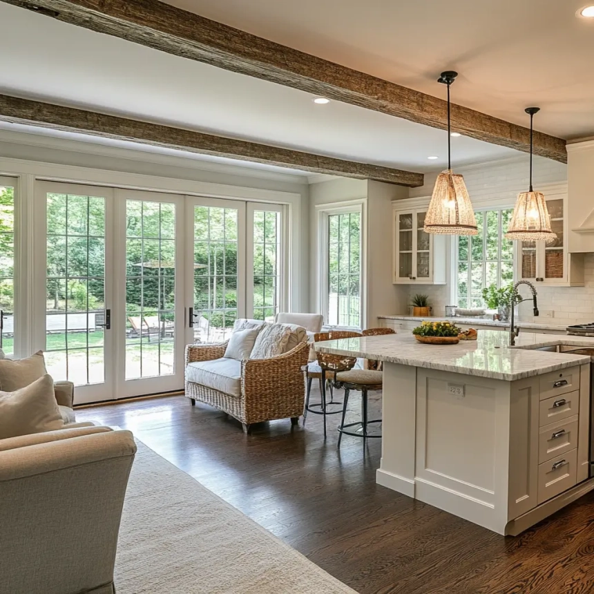 Elegant kitchen and living room remodel by Wheaton remodeling contractor, showcasing open space and natural lighting.