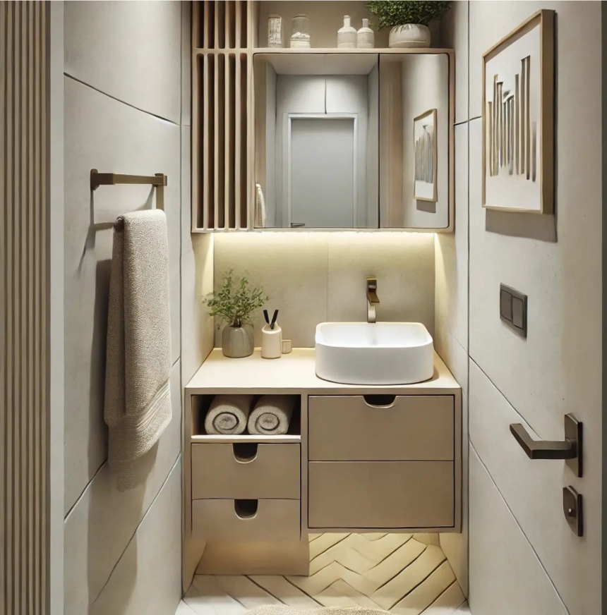 A small bathroom featuring a narrow vanity with storage underneath, designed to fit in tight spaces. The modern design is both functional and space-saving, ideal for narrow bathroom ideas and small bathroom designs.