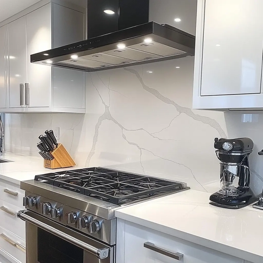 Bright kitchen design featuring a sleek white quartz backsplash with light veining, complemented by white cabinetry and a stainless steel range for a clean aesthetic.