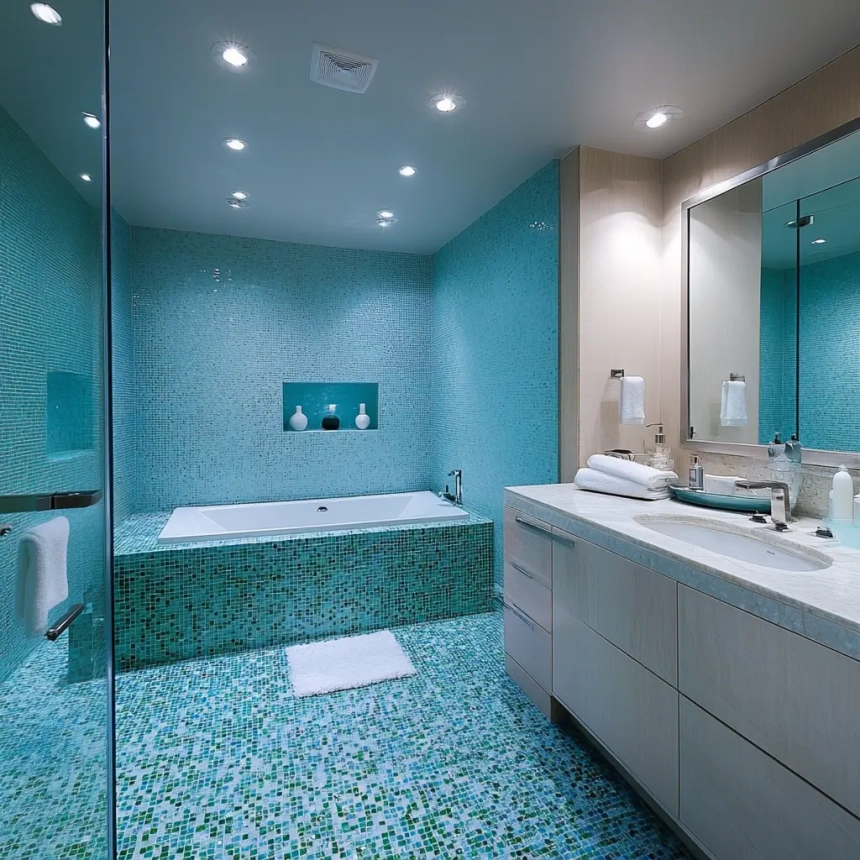 Glass mosaic tiles used for a bathroom backsplash, offering a colorful and eye-catching design that enhances the space.