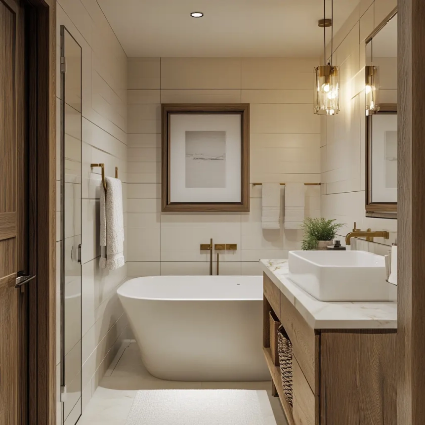 A freestanding tub in a small master bathroom that combines style and function.
