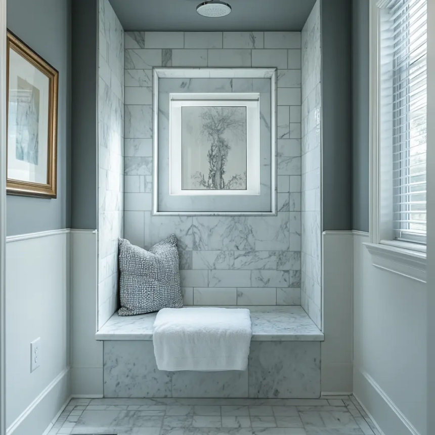 A small master bathroom with a built-in bench made of marble, offering both functionality and elegance.