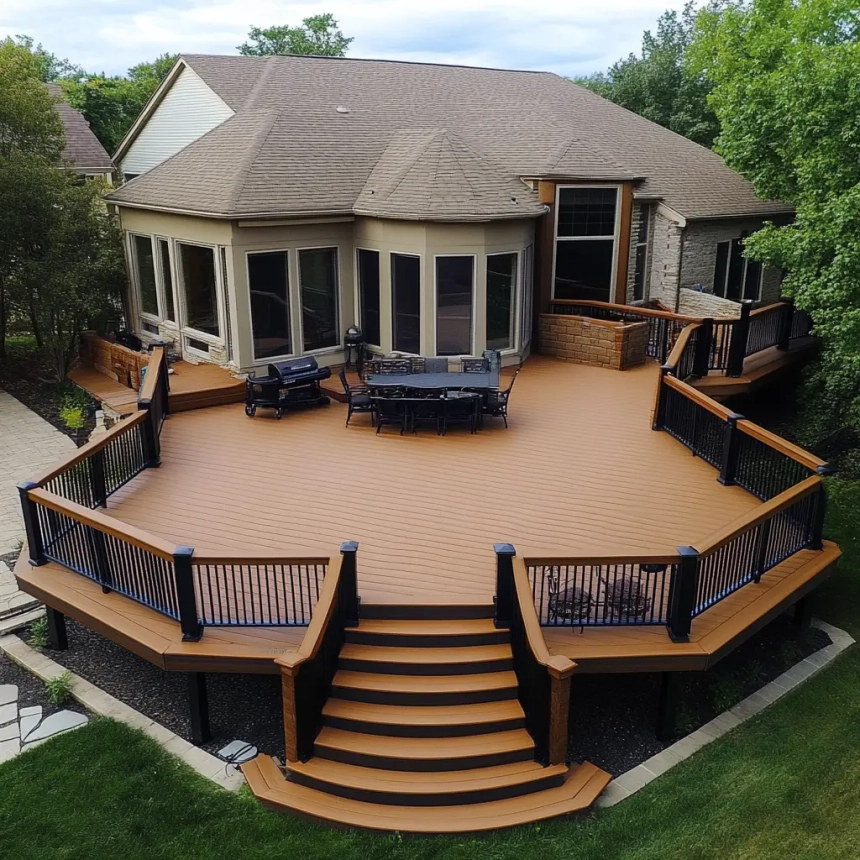 A spacious, high-end deck attached to a beautiful suburban home in Wheaton, IL. The deck features stylish railings, built-in seating, and ample outdoor space, highlighting expert craftsmanship and premium materials.