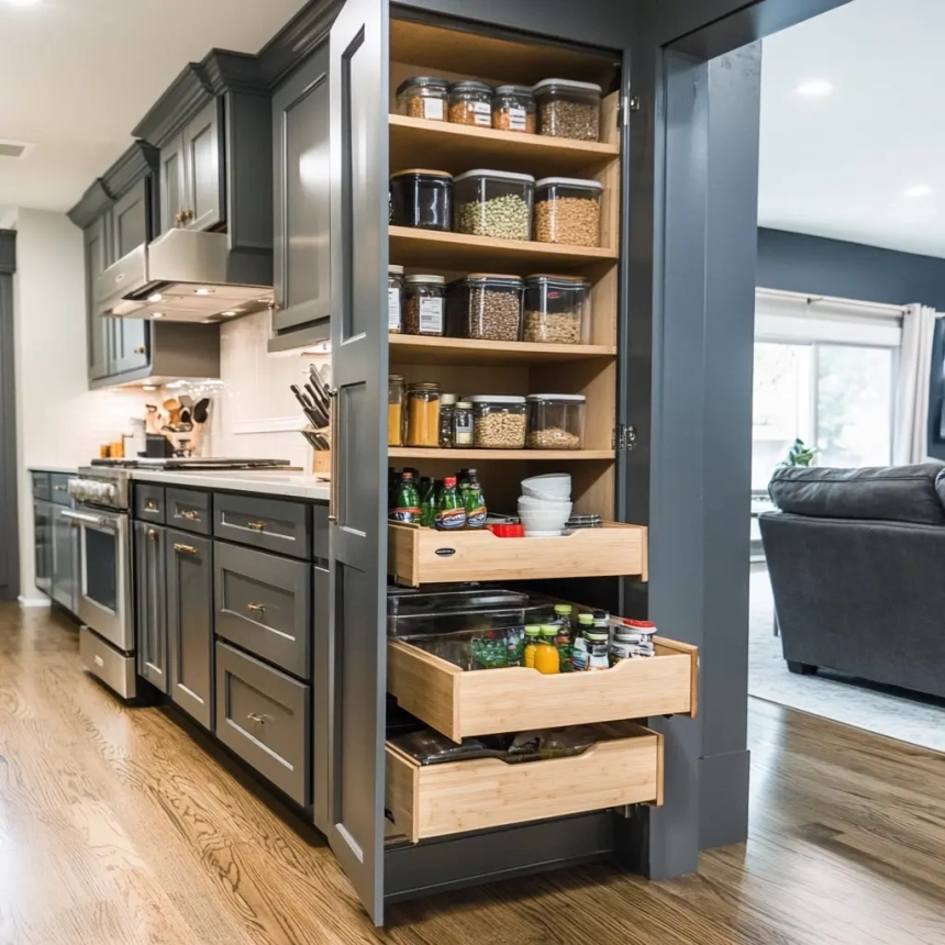 Modern pull-out pantry doors with multiple levels of organized shelving for efficient kitchen storage.
