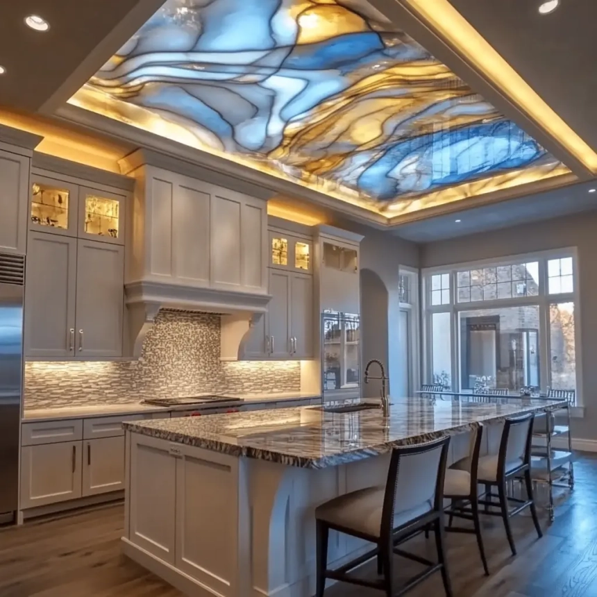 Luxurious backlit ceiling panels in a modern kitchen, providing an even distribution of light across the space.