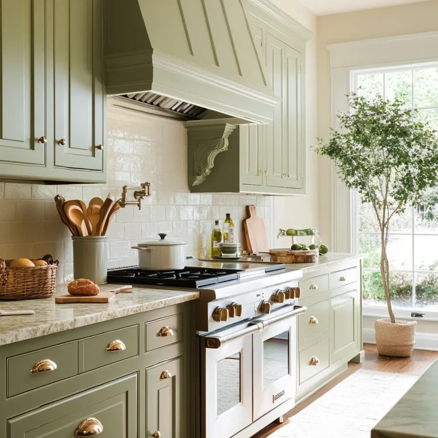 Sage green kitchen cabinets in a classic farmhouse kitchen with natural light and a timeless design aesthetic.