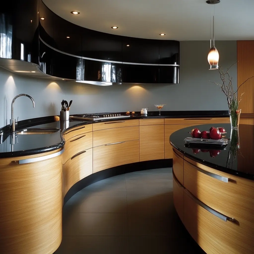 Unique curved kitchen cabinets in a modern kitchen, offering a blend of innovative design styling and enhanced functionality.