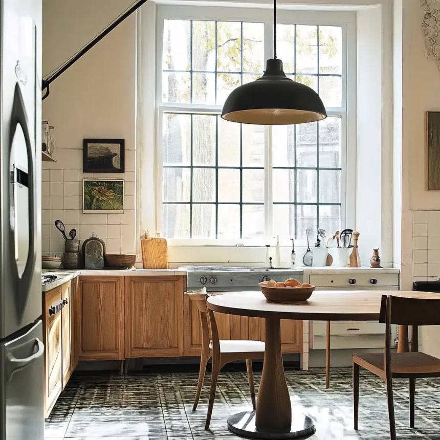 Freestanding kitchen floor lamp adding soft ambient light to the dining area, ideal for evening ambiance.