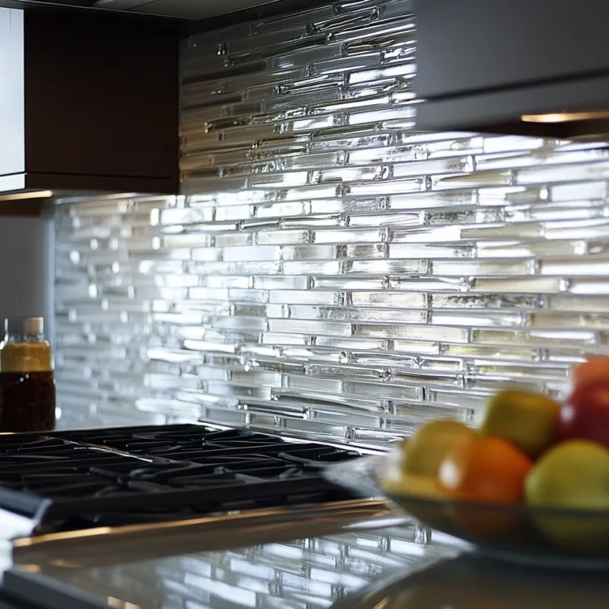 Shiny metallic glass tile backsplash in a modern kitchen, reflecting light and adding a sleek, contemporary feel to the space.