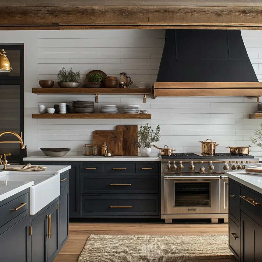 Kitchen showcasing integrated shelving with a combination of open and closed storage options for a versatile look
