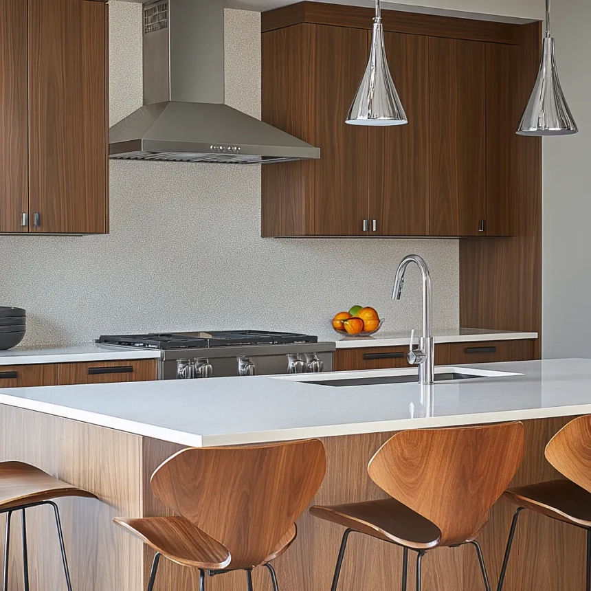 Sleek kitchen setup with a soft-textured quartz backsplash and countertop, paired with mid-century modern wood cabinetry.