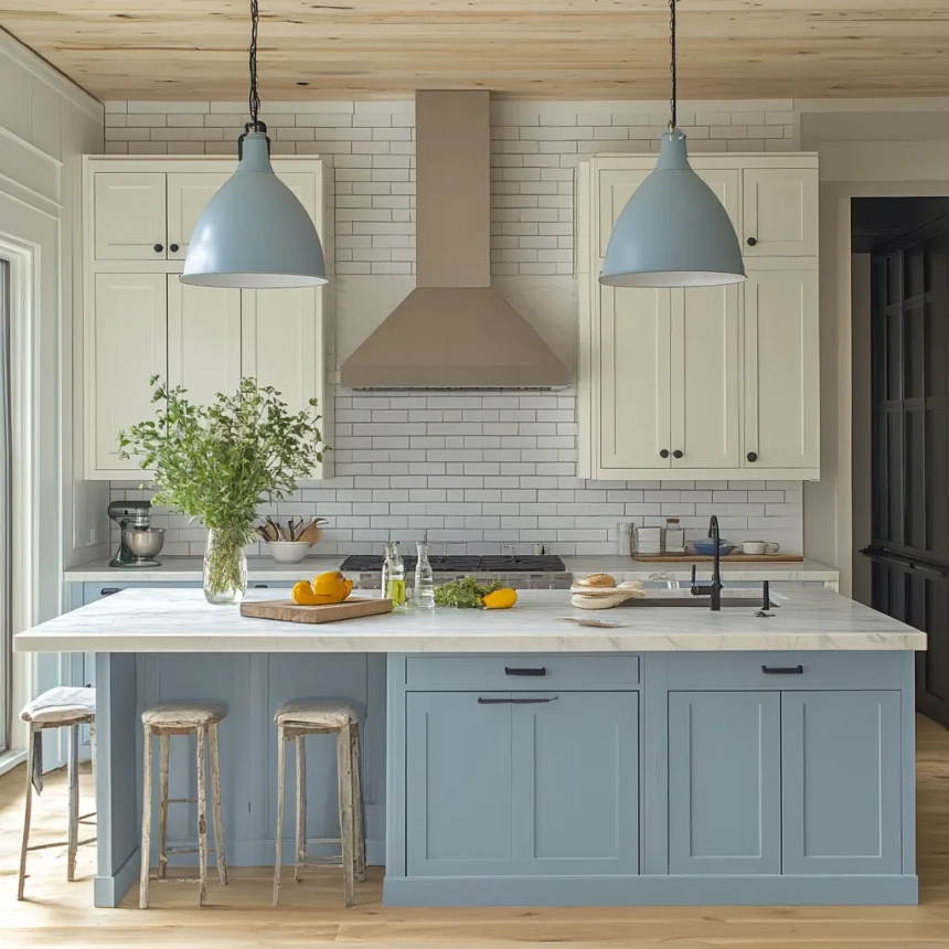 Vibrant accents of color in a kitchen with bold blue lower cabinets and a bright, airy design scheme.