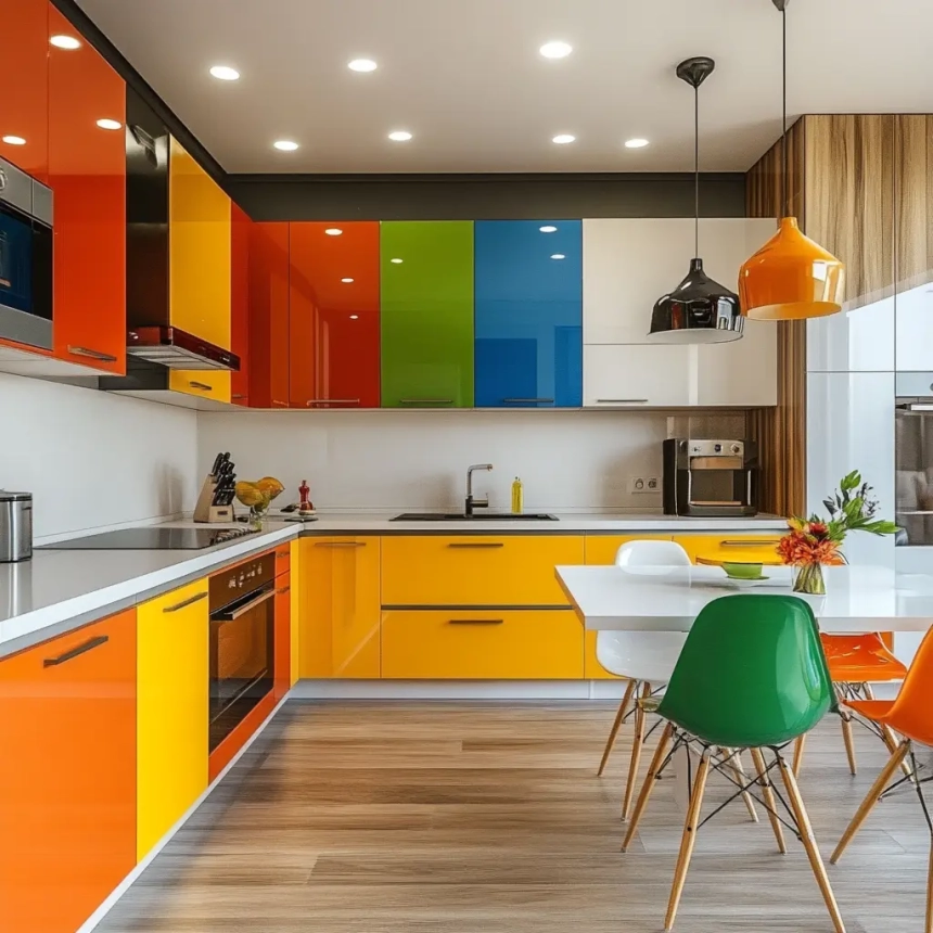Vibrant kitchen cabinets with pops of color, adding unique kitchen units and playful design styling to a modern kitchen.