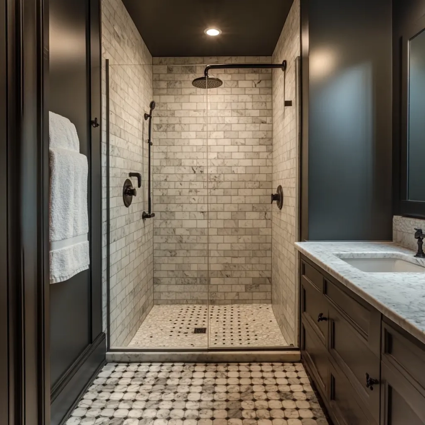 A small master bathroom featuring a walk-in shower with glass doors, marble tile walls, and modern black fixtures, complemented by a marble vanity and patterned tile flooring.