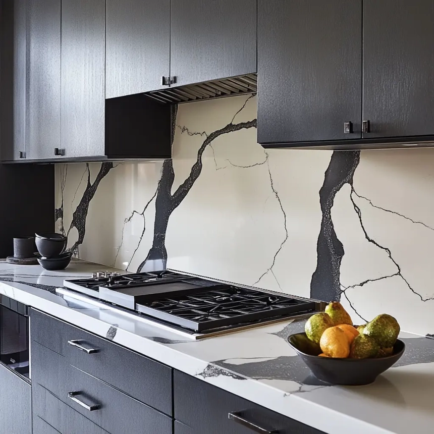 Modern kitchen with dramatic quartz countertop and matching quartz backsplash featuring bold black veining for a high-contrast look.