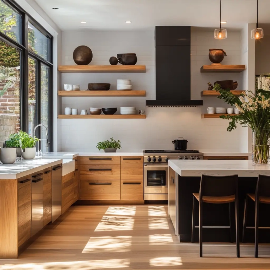 Floating wooden shelves in a bright kitchen, replacing upper cabinets for an open shelving design styling.