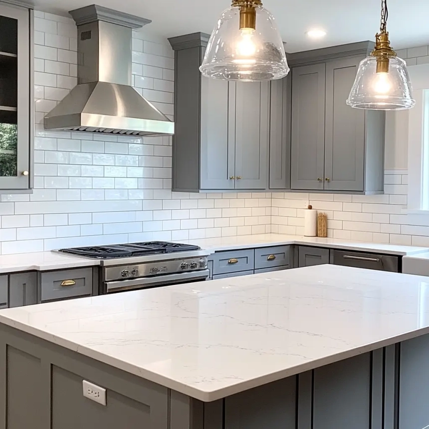Classic white quartz countertop paired with soft-hued subway tile backsplash, offering a timeless and clean design. Perfect for backsplash ideas for quartz countertop.