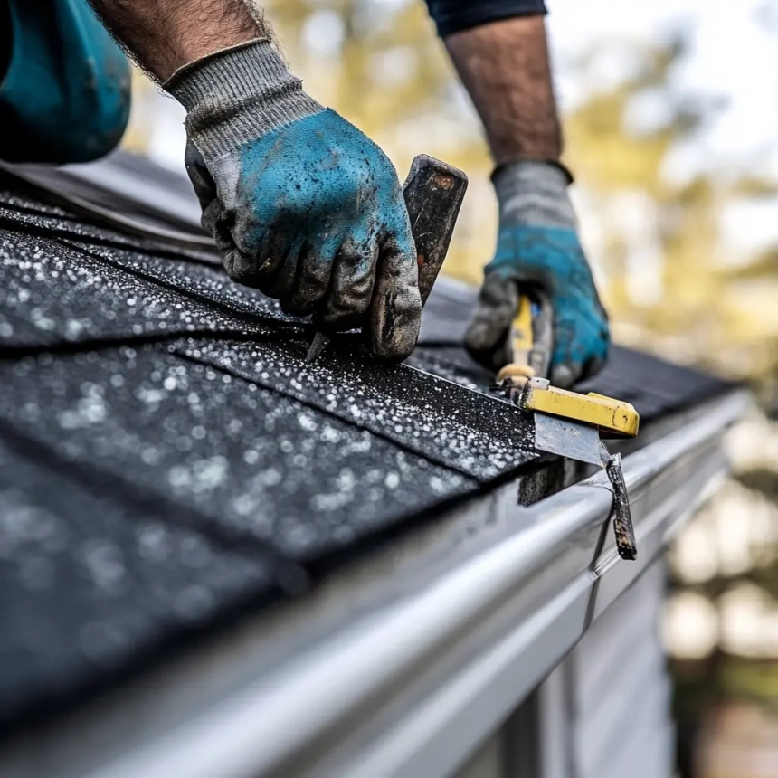 Close-up of a contractor completing emergency roof leak repair using professional tools, ensuring reliable and long-lasting results.