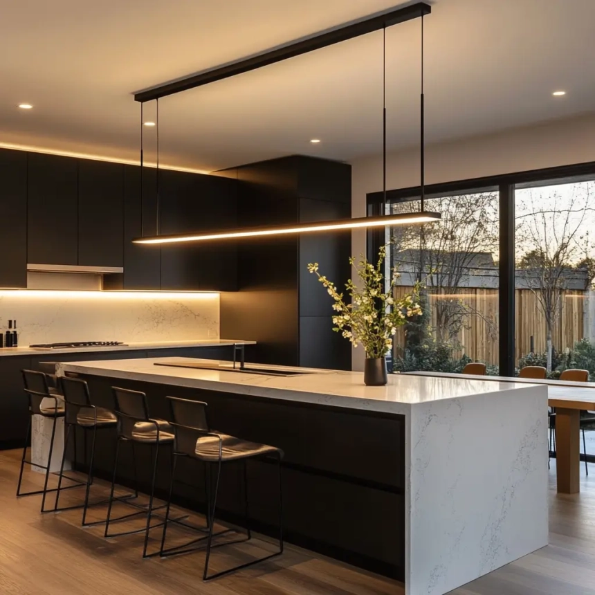 Oversized modern kitchen island light fixtures providing bright, sleek illumination for contemporary kitchen island lighting designs.