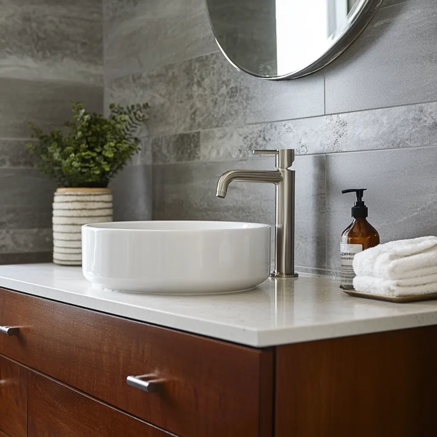 Affordable peel and stick backsplash option in a modern bathroom, adding style without the hassle of traditional installation.