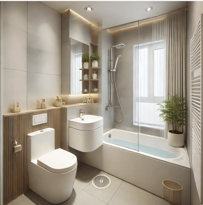 A small bathroom featuring a bathtub-shower combo, designed to maximize space and functionality, allowing for both a bath and shower in a compact area. Perfect for small bathroom ideas.